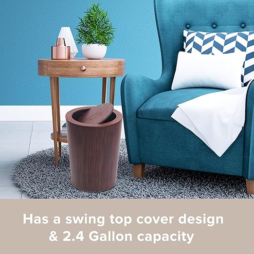 Modern Round Trash Can with LidReal Wood Waste Basket in Dark Brown9.25x7.5x11.8 Swing Top Small Trash CanDecorative Small Garbage Can for Bedroom Living Room Office &amp Bathroom8L/2.1Gal