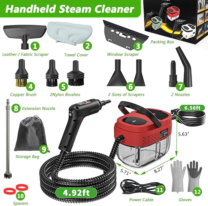 Handheld Steam Cleaner 2500W High Pressure Steamer for Cleaning Portable Steam Cleaner with 1.6L Water Tank 3 Levels Adjustable Handle Steam Cleaner for Home Car Furniture Bed Bugs (Red)