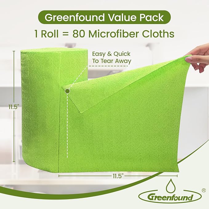 Greenfound Microfiber Cleaning Cloth Roll -80 PackTear Away Microfiber Towels for CarReusable Paper Towels WashableAbsorbentLint Free Cleaning Rags for HouseKitchenWindow-11.5×11.5(Wave Green)