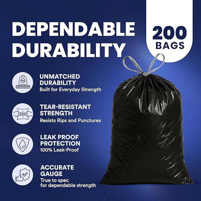 Plasticplace 13 gallon Extra Tall Drawstring Kitchen Trash Bags | Black 1.2 Mil 24W x 31H (200Count)