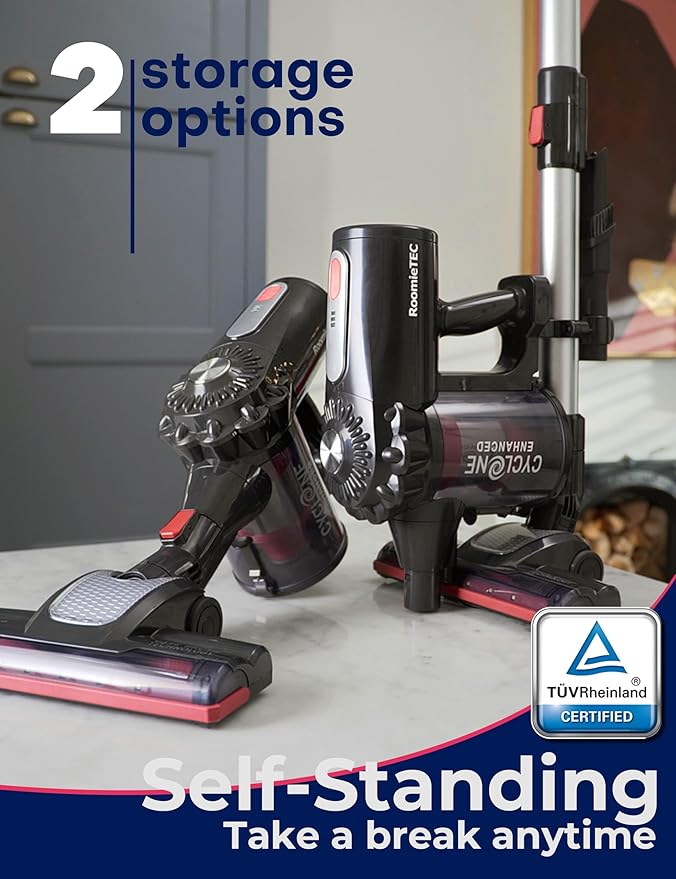 Roomie Tec StickVac Cordless Vacuum Cleaner for Home – 2200mAh Battery High Suction Power Lightweight &amp Self-Standing Design with HEPA Filter and LED Lights - for Floors Cars &amp Dorm Cleani