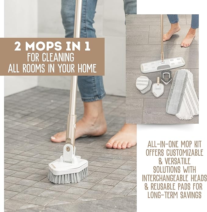 Quick Shine Ultimate Gold Clean + Polish Mop Kit | All-in-One 11 Pc Kit w/Interchangeable Attachments | Cleaner &amp Polish Included | No Batteries Needed | All Floors Pro Cleaning System | 2-in-1 Mo