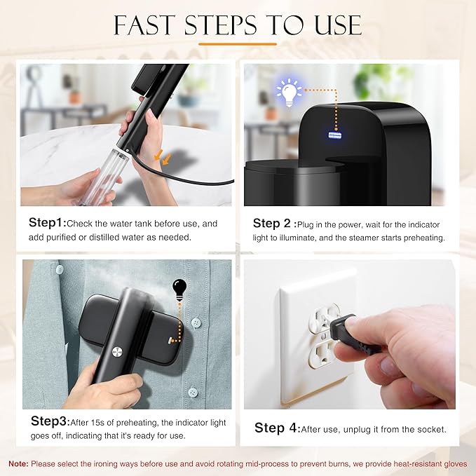 Steamer for Clothes Portable Handheld Garment Steamer for Fabric Wrinkles Remover 15s Fast Heat-up 90ml Water Tank with Heat-Resistant Gloves Convenient clothes steamer for Home Travel 2