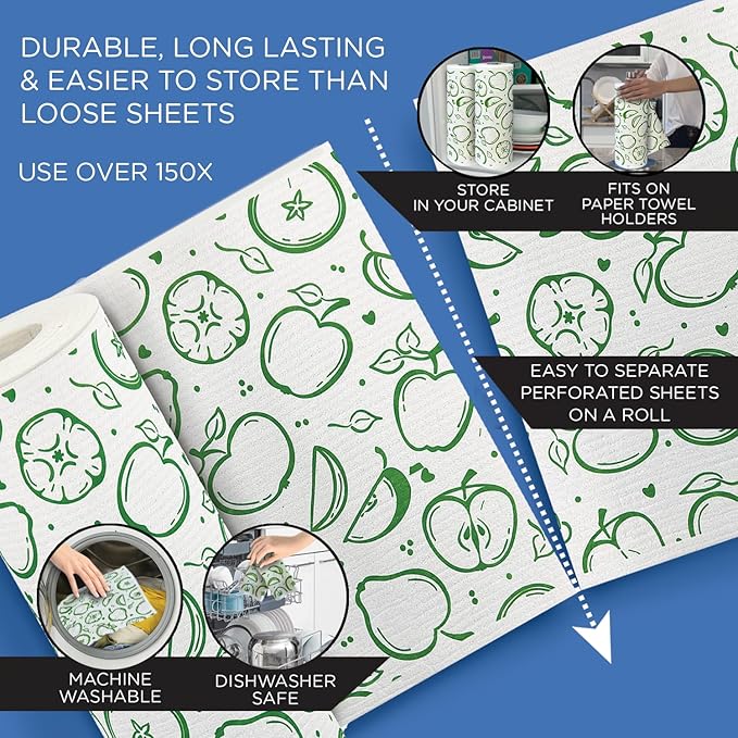 LOLA Swedish Dishcloths XL on a Roll 30 Sheets Fruit Pattern Perforated Tear-Off 11 x 10 Sheets w/Hook Reusable Absorbent Unpaper Towels Cellulose Sponge Cloth Biodegradable Made in Germany