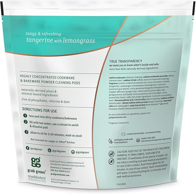 Grab Green Cookware and Bakeware Cleaner Pods 4 Bags of 15 Pods Tangerine Lemongrass Scent Plant and Mineral Based Removes Burnt-On Food Eliminates Grit and Grime No Scrubbing Necessary