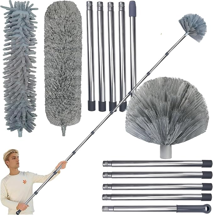 20+ Feet High Reach Duster Kit with 3-14 ft Extension Pole for Cleaning Fan Spider Web High Ceiling Blinds Furniture Cars - Cobweb Microfiber Duster // Outdoor &amp Indoor Extendable Duster