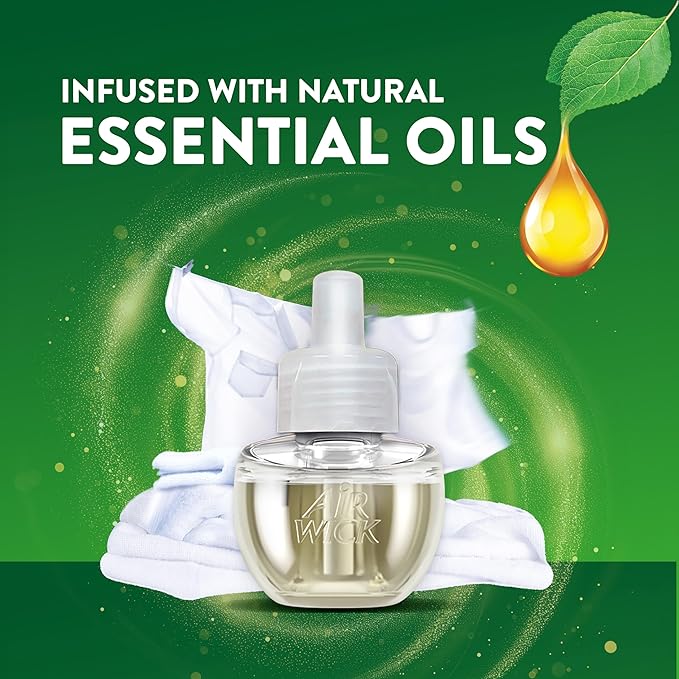 Air Wick Plug in Scented Oil Starter Kit 2 Warmers + 6 Refills Fresh Linen Same Familiar Smell of Fresh Laundry Eco Friendly Essential Oils Air Freshener