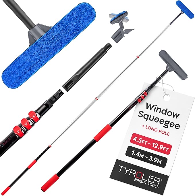 Tyroler Professional Window Squeegee with Extension Pole | 4.5-12.9ft Squeegee for Windows Cleaning | Outdoor Window Cleaner Tool Windows Washing Kit with Extension Pole | Window Cleaning Kit