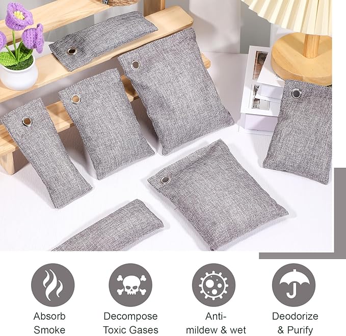 Nuanchu 24 Pcs Activated Charcoal Odor Absorber 50g/100g/200g Air Purifying Bamboo Charcoal Bags Natural Shoe Odor Absorber Deodorizer Absorbers for Fresh Car Home Closet Pet Basement Smell(Grey)