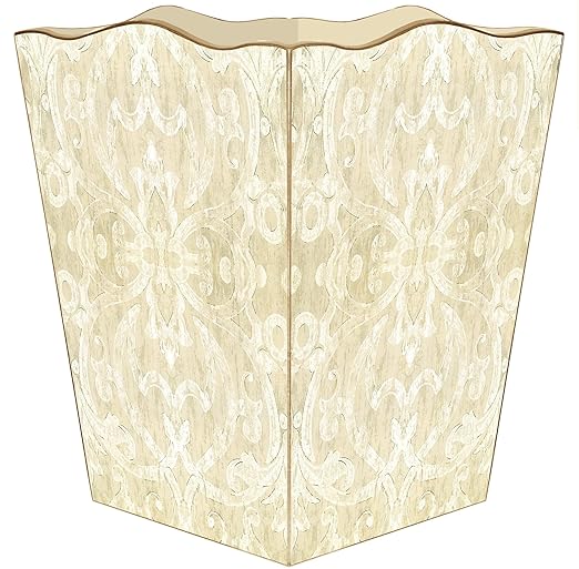 Marye-Kelley Antique Gold Damask Wastepaper Basket Wood Scalloped Top Waste Basket for Kitchen Bathroom Bedroom Living Room Handmade Made in The USA