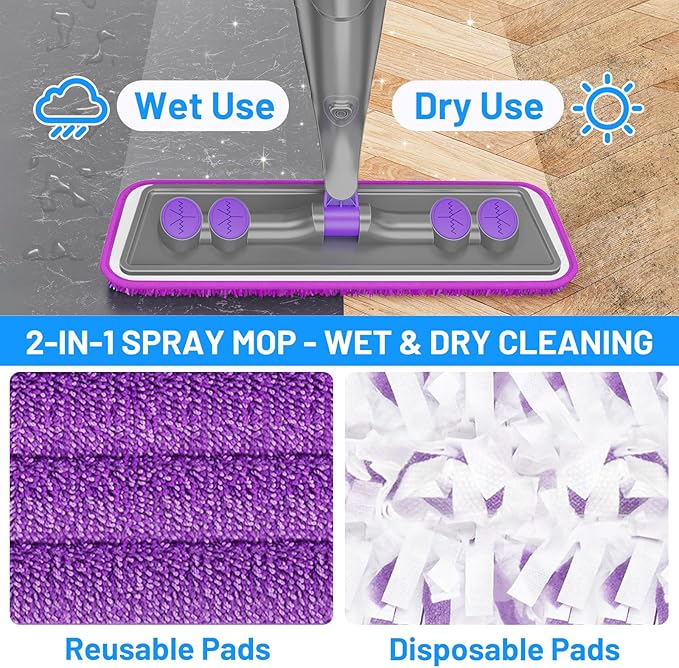 Spray Mop for Hardwood Floor Cleaning with 2 Disposable Refills &amp 5 Reusable Microfiber Pads