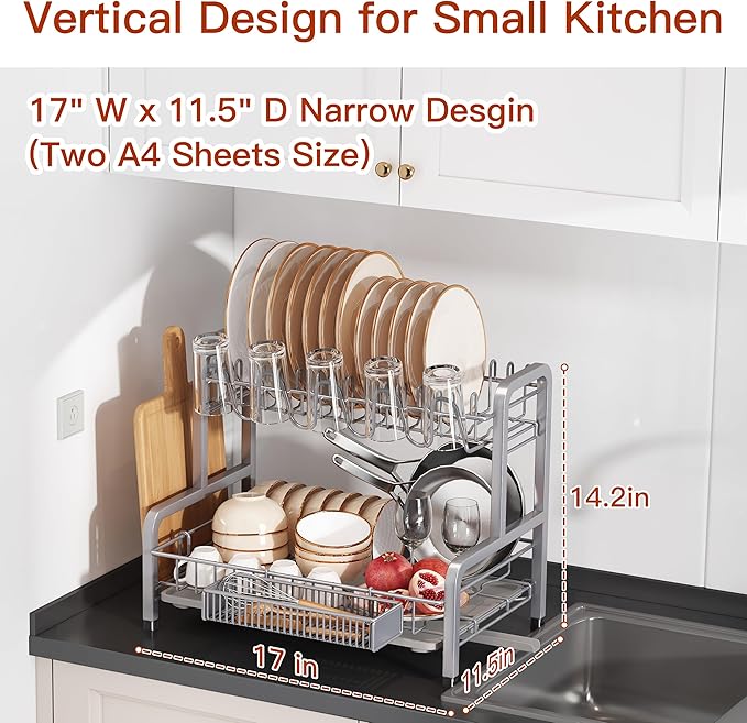 2 Tier Dish Drainers Drying Rack for Kitchen Counter Large Stainless Steel Dishes Drain with Drainboard Space Saving Big Modern Silver Countertop Metal Plates Dryer Strainer Holder and Extra Tray