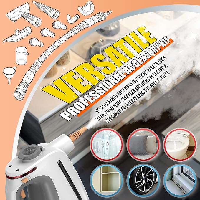 Heavy Duty Handheld Steam Cleaner for Cleaning with Lockable Steam Button&amp11pcs Accessories Unlimited Water Addition for Continuous Steaming Multi-Purpose Steamer for Cleaning Car Grout (grey)