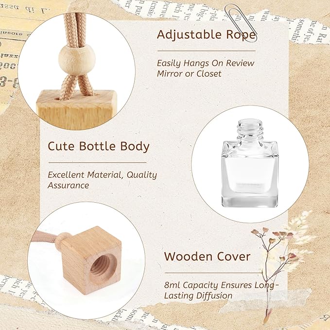 50 Pcs 8ml Hanging Car Air Freshener Diffuser BottlesEmpty Glass Perfume Ornament Bottle Essential Oil Freshener Diffuser Fragrance Pendant Glass Vials with Wooden Caps &amp Hanging String (Square)