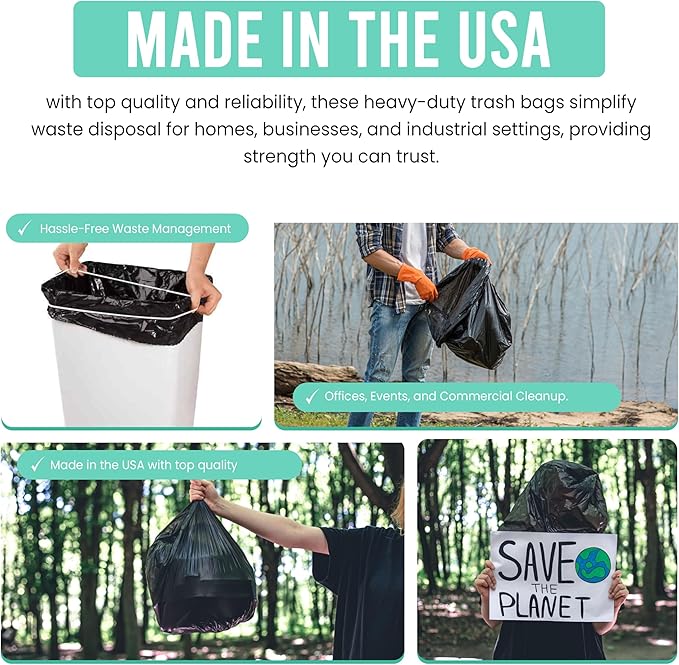 Extra Large 55-60 Gallon Trash Bags | 22 Micron Thickness - 150 Count Heavy Duty Black Garbage Bags for Office Lawn Events and More | Durable Leakproof Star Seal | Made in USA