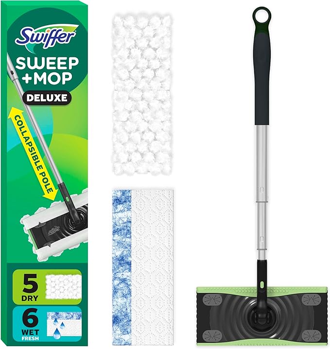 Swiffer Sweep &amp Mop Deluxe 2-in-1 Multi-Surface Kit for Floor Cleaning Includes 1 Sweeper Device 5 Dry Sweeping + 6 Wet Mopping Heavy Duty Cloths Black