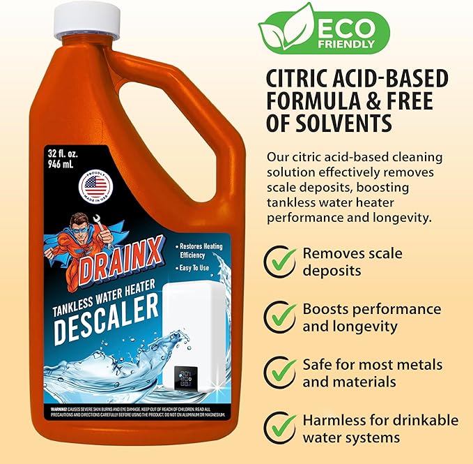 DrainX Tankless Water Heater Flushing Kit Includes Submersible Pump Hoses Liquid Descaler Solution and Measuring Bucket