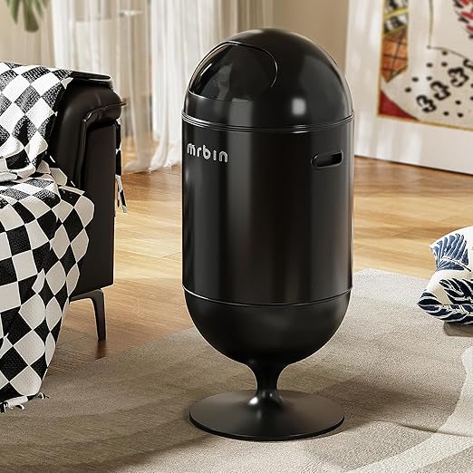 MRBIN Metal Trash Can with Lid 5.3 Gallons / 20L Medium Decorative Waste Basket Round Tall Garbage with High Leg for Bathroom Office Bedroom Kitchen Black
