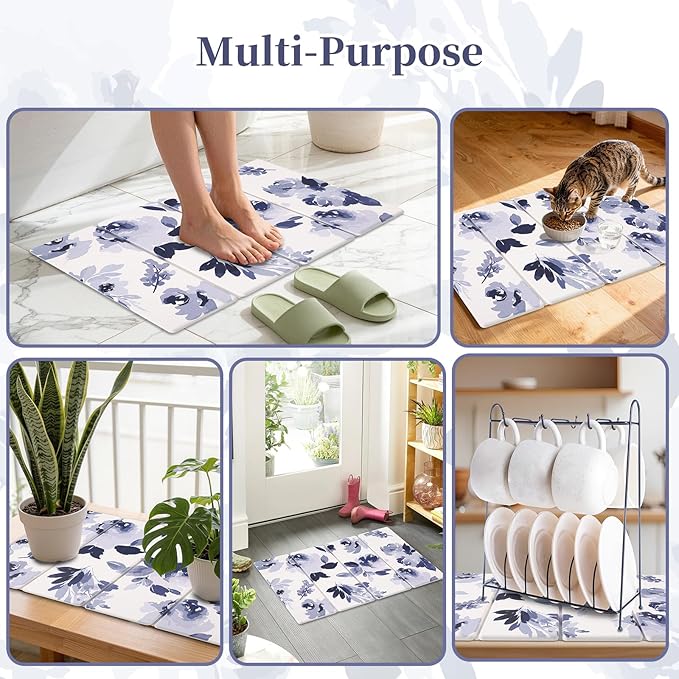 3 PCS Stone Dish Drying Mat for Kitchen Counter Quick Dry Foldable Stone Dishes Mats Water Absorbing Diatomaceous Earth Drying Organizer for Dishes Bottles Cups and Tableware (Blue)
