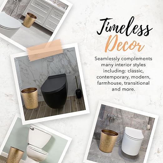 Autumn Alley Antique Gold Trash Can Hand Crafted Bin Round Bathroom Trash Can Open-Top Gold Garbage Can for Bedroom Home Office - Modern Waste Basket Stylish Metal Modern Bathroom Décor