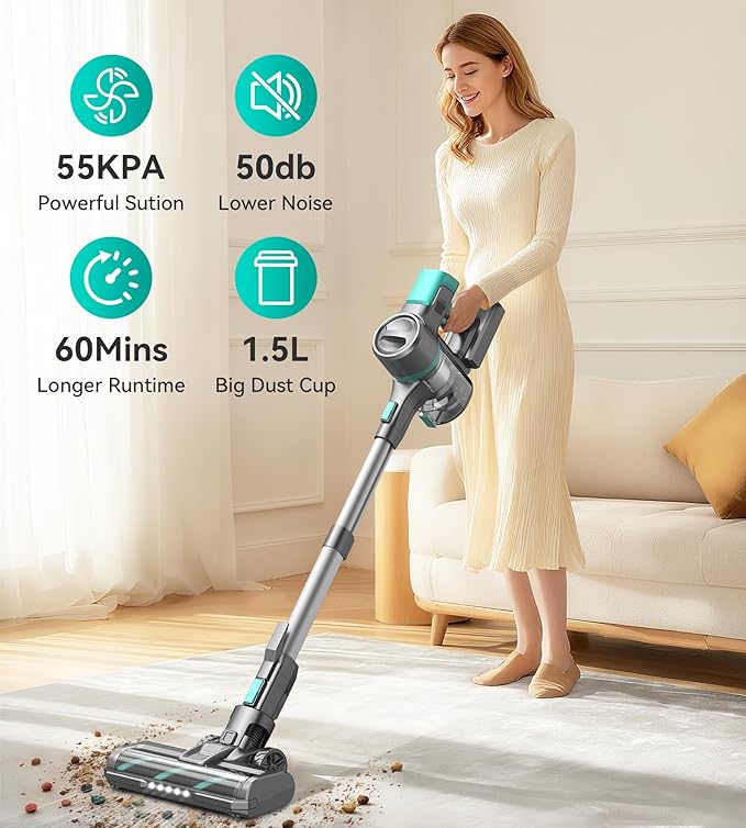 S10K Cordless Vacuum Cleaner 55Kpa 60mins Lightweight Stick Vacuum with Powerful Suction for Home Rechargeable Self-Standing Handheld Vacuum Cleaners for Hardwood Floors Carpets Pet Hair