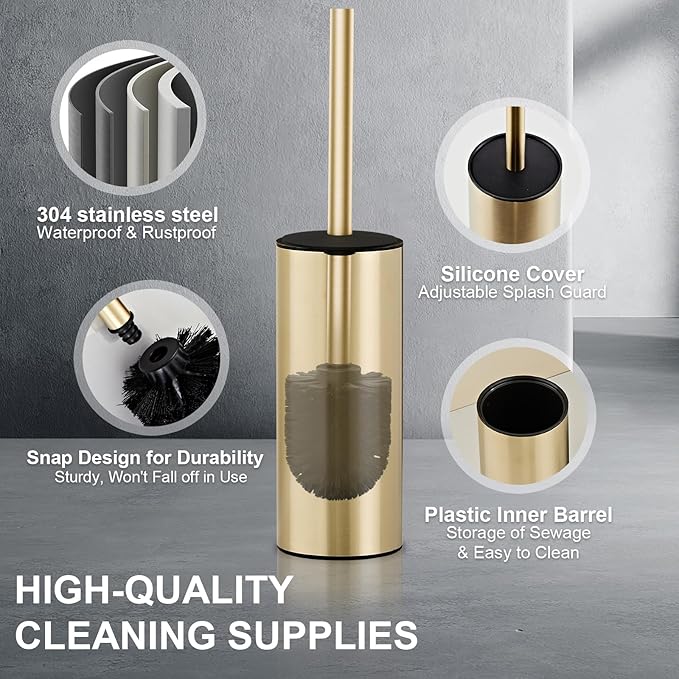 304 Stainless Steel Toilet Bowl Brush and Holder Set Circular Floor Toilet Brush Holder Long Handle Bathroom Heavy-Duty Cleaner High-End Cylinder Wall2 Brush Head (Brushed Gold) YIGUANXIN