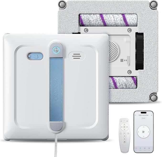 Window Cleaning Robot - Patented DualFore Tech Turbo Roller Brush + Microfiber Pad Combo Cleaning 6 Wide-Angle Spray Nozzles AI Nav Multi-Layer Safety App/Remote Control