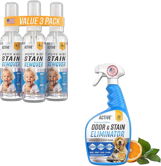ACTIVE Messy Kids Stain Remover and Pet Odor &amp Stain Eliminator - Includes 12oz Messy Kids Stain Removal Spray and 32oz Pet Stain &amp Odor Remover Spray
