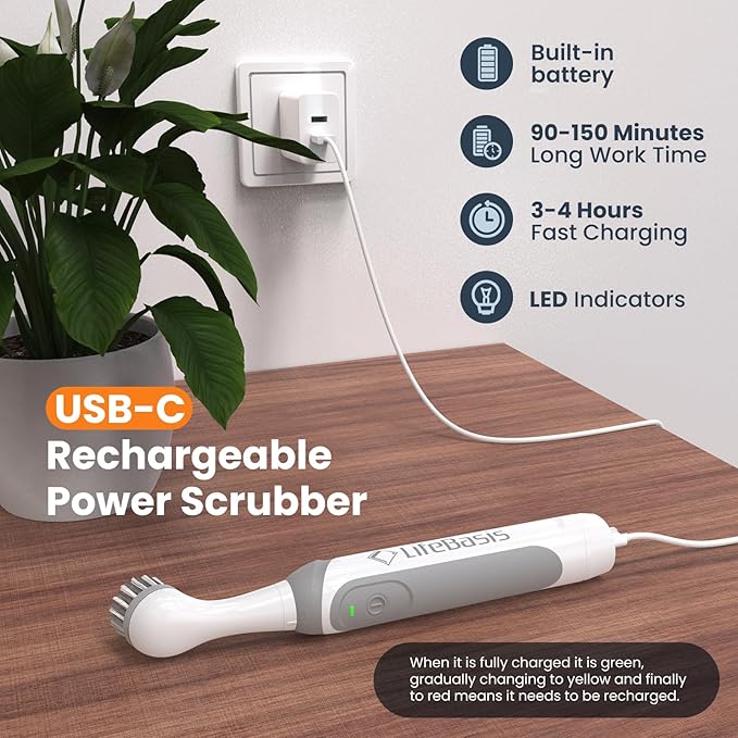 LifeBasis Rechargeable Power Scrubber Cordless Electric Cleaning Brush Water Resistant Small Electric Grout Brush with 5 Brushes for Home/Kitchen/Bathroom/Grout/Tile/Shower/Tub White
