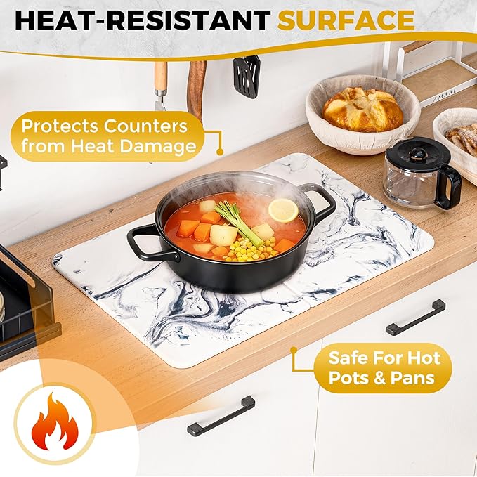 Stone Dish Drying Mat for Kitchen Counter Large 24 x 16 Quick Drying Diatomaceous Earth 2-Panel Countertop Mat Heat-Resistant Kitchen Stone Drying Mat