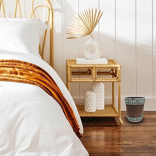 Decorative Resin Faux Leather Small Wastebasket with Turquoise Gem - Southwestern Rustic Trash Bin for Bathroom Bedroom and Kitchen - Small Decorative Wastebasket for Home or Office Décor