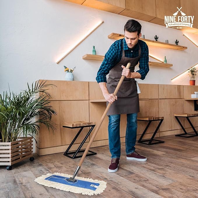Nine Forty 24 Premium Cotton Dust Mop Kit - Heavy Duty Mop Head with Wood Handle for Industrial Commercial and Residential Cleaning - Dry Floor Duster for Hardwood Surfaces - White