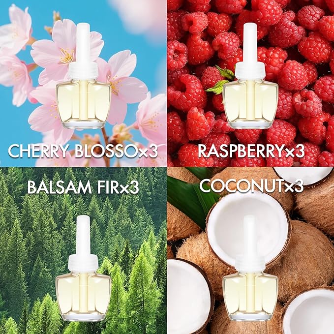 Plug In Air Freshener Refills 12 Pack – Cherry Blossom Raspberry Balsam Fir Coconut Spring &amp Summer Scented Refill for Home &amp Bathroom Compatible with Air Wick &amp Glade Not for Glade