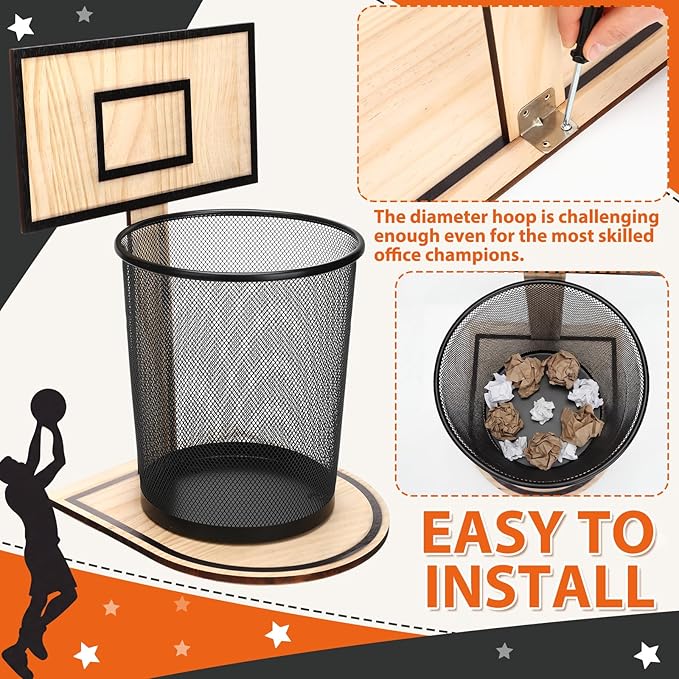 Patelai 2 Pcs Basketball Trash Can Basketball Hoop Trash Can Hoop Bin Waste Basket Game 18x8in Oak-Style Mesh Backboard with Fun Shooting Design Durable Garbage Bin for Home Office Boys Gift