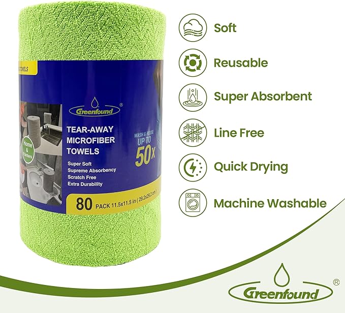 Greenfound Microfiber Cleaning Cloth Roll -80 PackTear Away Microfiber Towels for CarReusable Paper Towels WashableAbsorbentLint Free Cleaning Rags for HouseKitchenWindow-11.5×11.5(Wave Green)