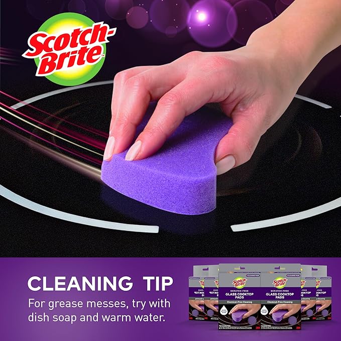 Scotch-Brite Glass Cooktop Pads Scratch-Free &amp Non-Abrasive Scrubbers for Glass or Ceramic Stovetops Cleans Burnt-On Messes with Just Water Reusable Dishwasher-Safe Design (12 Pads)