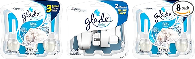 Glade PlugIns Refills Air Freshener Starter Kit Scented and Essential Oils for Home and Bathroom Clean Linen 4.02 Fl Oz 2 Warmers + 6 Refills