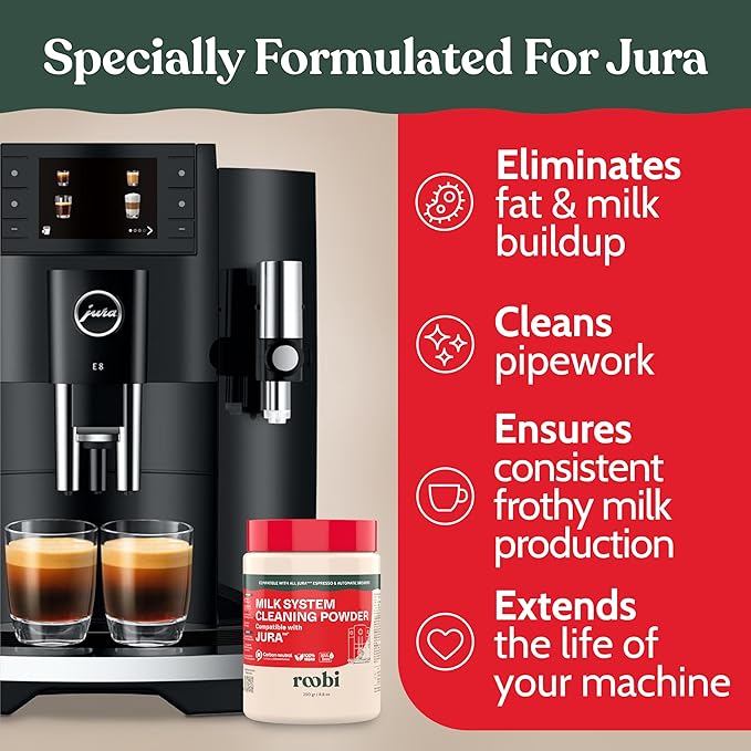 Roobi Compatible Milk System Cleaning Powder for Jura. Specially formulated for Jura Automatic Espresso Coffee Machines. 100% Vegan Carbon Neutral.