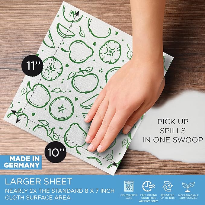 LOLA Swedish Dishcloths XL on a Roll 30 Sheets Fruit Pattern Perforated Tear-Off 11 x 10 Sheets w/Hook Reusable Absorbent Unpaper Towels Cellulose Sponge Cloth Biodegradable Made in Germany