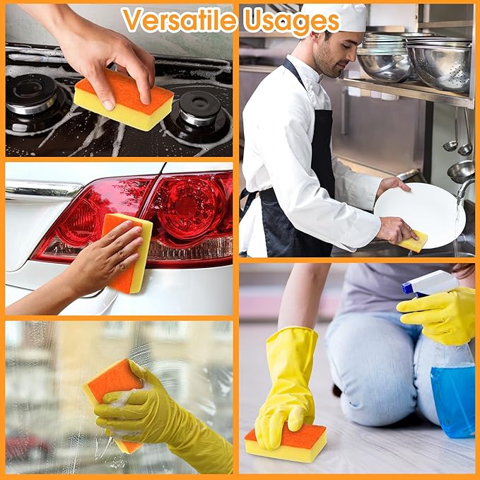 Tioncy 100 Pcs Individually Wrapped Sponges Bulk Kitchen Orange Non Scratch Scrub Sponges Dual Sided Cleaning Scrubber for Household Washing Dishes Pots Pans Sinks Stoves Appliances Car Bike