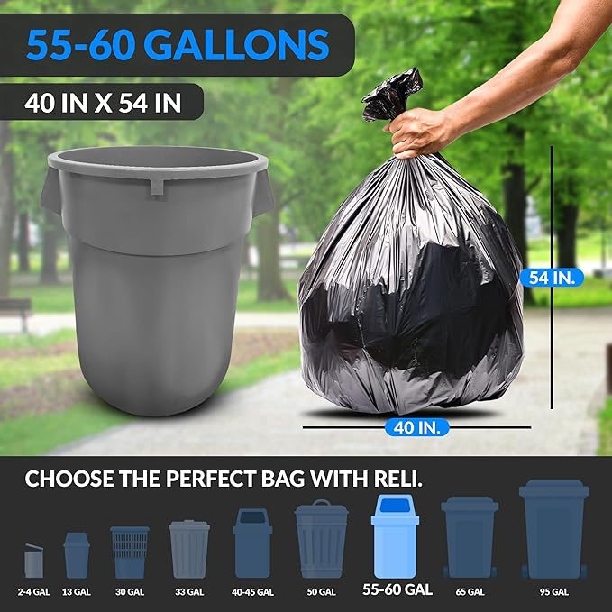 Reli. 55 Gallon Trash Bags Heavy Duty (100 Count) | Black | Twist Ties Included | Extra Tough Leak-Proof Garbage Bags | Ideal for Large Clean Ups