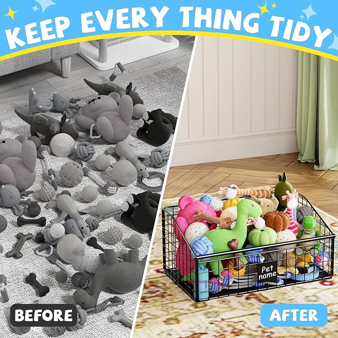 Indestructible Dog Toy basket Medium Toy Box for DogsPet Toy Bin Dog Metal Basket for Toys Toy Storage Organizer Toy Box for Living Room Area (Black)