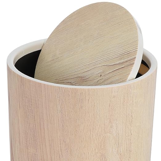 Garneck Large Wood Grain Plastic Trash Can with Flip Top Lid Space-Saving Round Farmhouse Wastebasket for Bedroom Dining Room Kitchen Noiseless Bin for Office Hotel Households