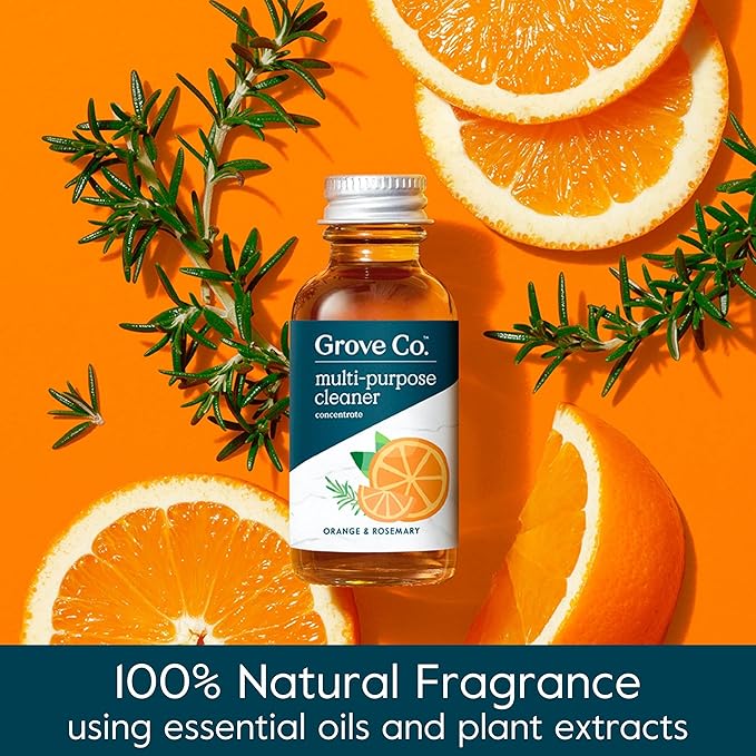 Grove Co. Multi-Purpose Cleaner Refill Concentrate (2 x 1 Oz) + Glass Spray Bottle (16 Oz) Plant-based Household Cleaning Supplies Bundle No Plastic Waste 100% Natural Orange &amp Rosemary Scent