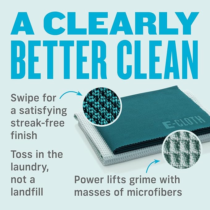 E-Cloth 3-Pack Window Cleaning Cloth - Streak-Free Glass &amp Mirror Cleaning Kit with Just Water Glass Cleaning Cloth Microfiber Towel Kit for Windows Car Windshield Mirrors - Alaskan Blue
