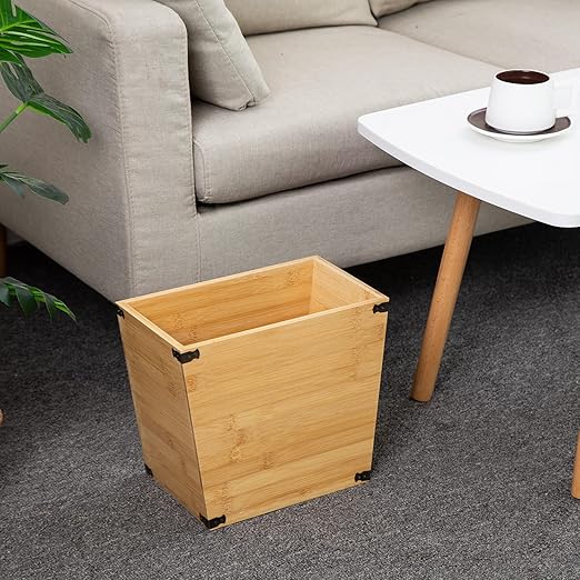 VERGOODR Grey Farmhouse Style Torched Wood Trash Can Waste Bin with Decorative Metal Brackets Trash Can for BedroomLiving Room Bathroom &amp Office (Bamboo Color)