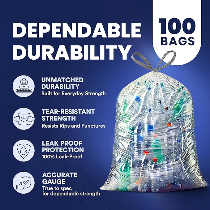 Plasticplace 32-33 Gallon Recycling Bags │ 0.9 Mil │ Clear Drawstring Garbage Can Liners │ 33 x 38 (100 Count)