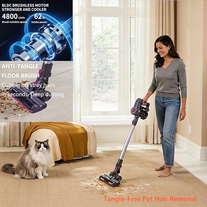 Novaspark Pink Cordless Stick Vacuum Cleaner - 18.5kPa Powerful Suction 50-Min Battery Pet Hair Removal Lightweight 5.5lbs LED Lights HEPA Filter 4-in-1 Brush Set for Carpet &amp Hard Floors