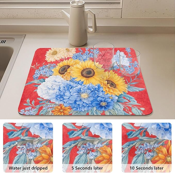 Spring Flowers Sunflower Cornflower Red Drying Dish Mat Absorbent Diatomaceous Earth Mat Dish Mat Drying Non-slip Kitchen Drainer Mat Kitchen Counter