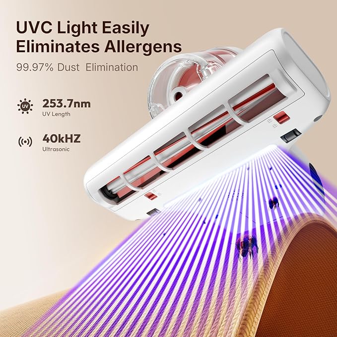 JIGOO J200 Improve Sleep Mattress Vacuum Cleaner Uv Sanitizing Deep Cleaning Bed Vacuum Non-Destructive Fabrics 99.9% Effective Filtration for Allergy Sufferers